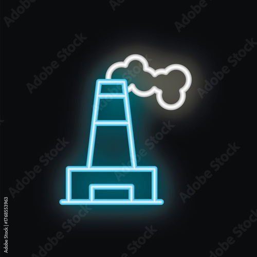 Blue and white neon style icon of a factory emitting smoke pollution