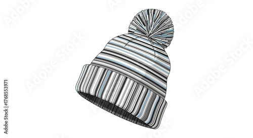 Striped winter beanie with pom pom on white background, cozy winter headwear