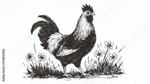 A black and white linocut illustration of a rooster standing on grass.  
