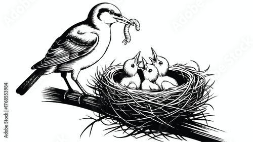 A black and white ink illustration of a bird feeding its chicks in a nest 
