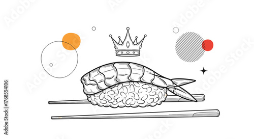 Hand drawn illustration of a shrimp sushi on chopsticks with a crown and decorative circles.