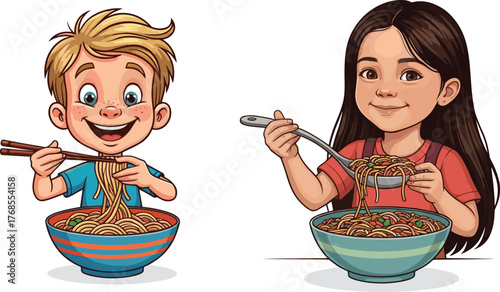 Children eating noodles illustration, cartoon kids, food gesture, chopsticks and fork, cheerful faces, vector art, mealtime moment, cultural diversity