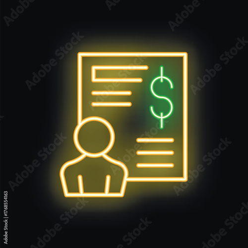 Neon icon of businessman analyzing financial report with dollar sign glowing on dark background