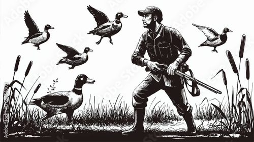 A black and white silhouette illustration of a duck hunting scene 