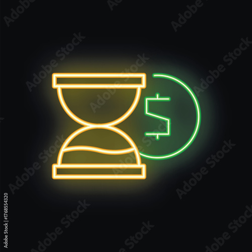 Neon sign illustration representing an hourglass measuring time passing with a dollar sign showing money value