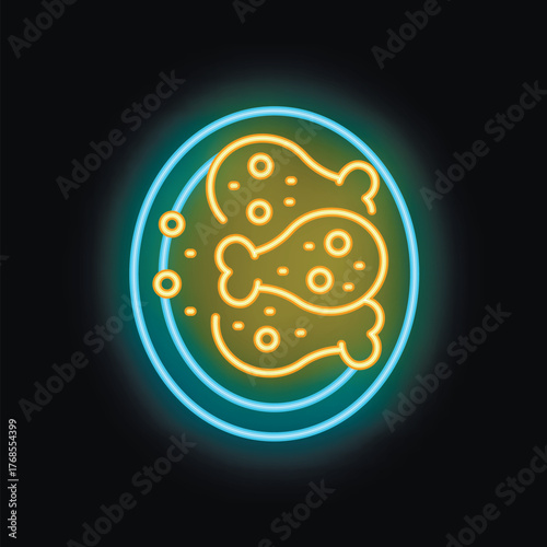 Glowing neon sign showing a plate of crispy fried chicken legs, perfect for restaurant advertising