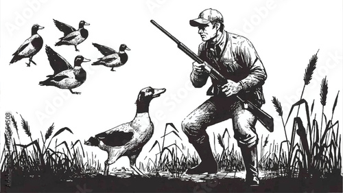 A black and white silhouette illustration of a duck hunting scene 