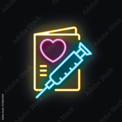 Neon glowing icon of a syringe lying on a medical card with a heart shape, evoking healthcare and cardiology