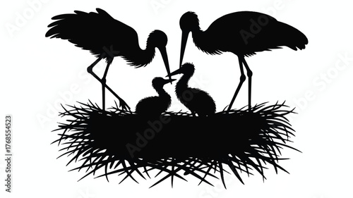 A black and white silhouette illustration of two adult white storks and their nestlings in a nest 
