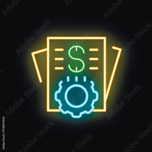 Neon business icon of a process generating money with a dollar sign and a gear wheel, ideal for websites and apps