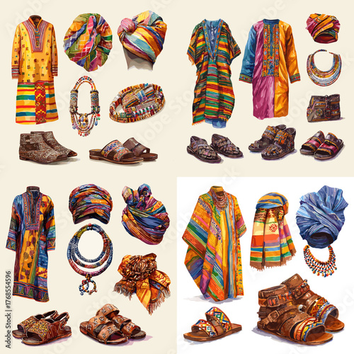 Set of African traditional clothing and accessories including dresses, turbans, shoes, and jewelry in vibrant colors. Perfect for culture, fashion, and heritage design concepts.