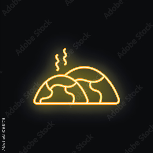Bright yellow neon sign depicting three hot empanadas, with steam rising, set against a black background