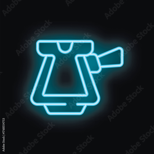 Blue neon icon of cezve, traditional turkish coffee pot, glowing on dark background
