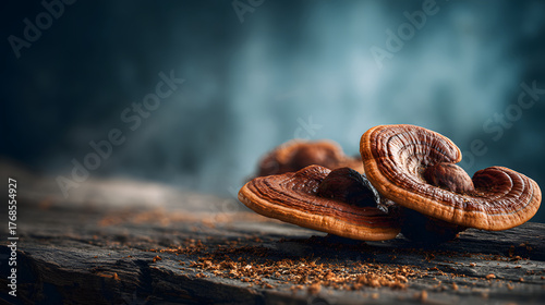 Fresh reishi mushroom on dark wooden surface with moody lighting and textured detail, evoking earthy and medicinal atmosphere