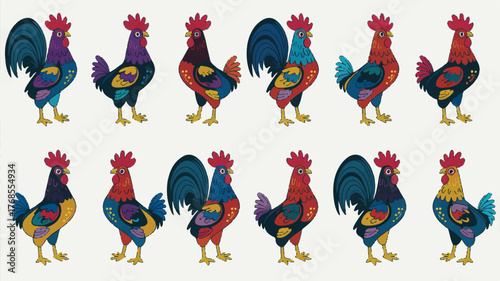 A colorful digital illustration of twelve stylized roosters arranged in two rows of six 
