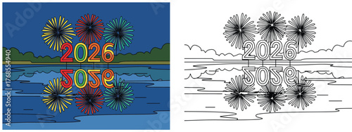 2026 New Year's Eve Fireworks Celebration with Lake Reflection and Colorful Explosions