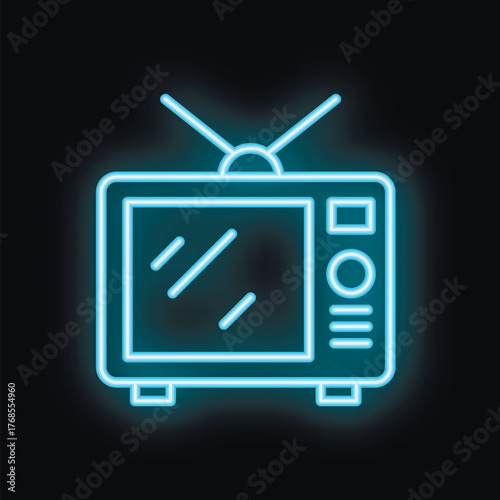 Blue neon sign depicting an old fashioned television set with an antenna, reminiscent of 20th century technology and media