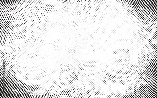 Halftone  vector texture background with wavy, distorted lines and dots. Dynamic black and white retro distressed grunge optical effect.