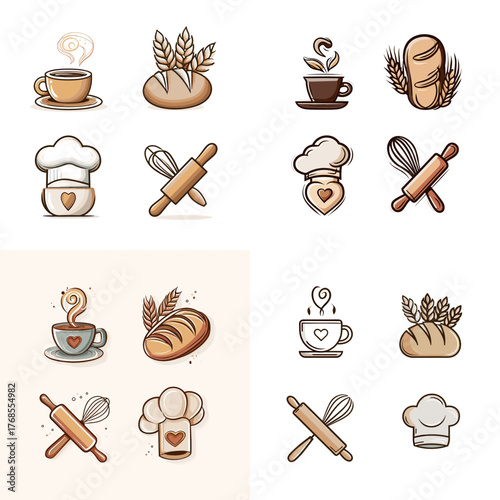 Coffee and bakery icon set with bread, coffee cups, and chef hats. Ideal for café branding, bakery design, restaurant logos, and culinary illustration projects.