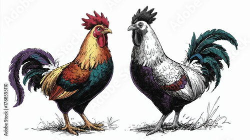 A detailed illustration of a rooster split into two side-by-side versions 
