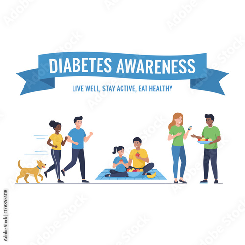 Flat vector illustration of diverse people promoting diabetes awareness through exercise, healthy eating, and blood sugar check