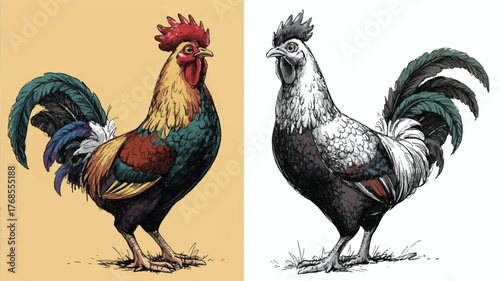 A detailed illustration of a rooster split into two side-by-side versions 
