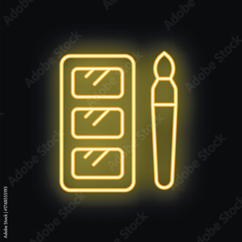 Yellow neon sign of eyeshadow palette and brush glowing on black background