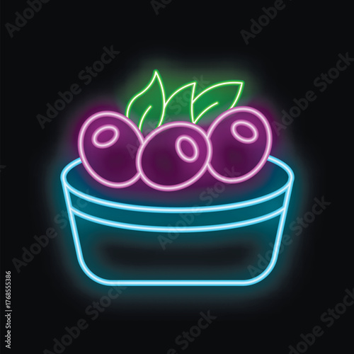 Neon sign of a bowl full of olives with leaves, glowing on a black background, ideal for bars and restaurants