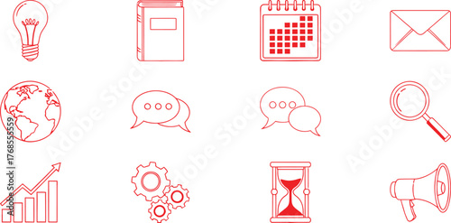 red business icons illustrating planning marketing and communication concepts for professional branding and project visuals