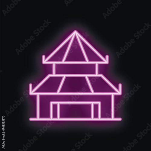 Purple neon sign representing a traditional asian temple with a black background