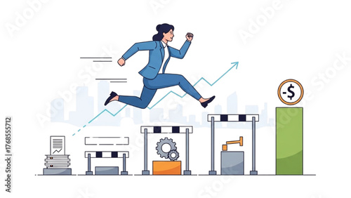 Businesswoman Leaping Hurdles to Success Financial Growth and Career Achievement