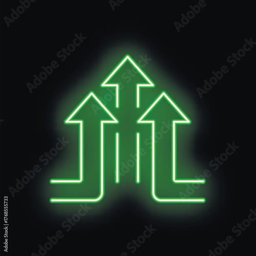 Green neon arrows are pointing upwards on a black background, symbolizing growth, success, and achievement