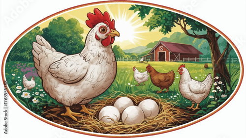 A digital illustration of a farm scene with white chickens in an oval-shaped frame bordered by orange 
