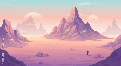Stylized landscape illustration of a futuristic, desolate desert scene with mountains and a solitary figure