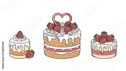 Cake with Strawberries Collection Illustration for Desserts Lovers