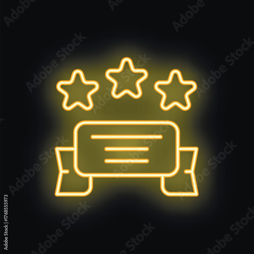 Neon sign representing five stars positive feedback with banner on black background