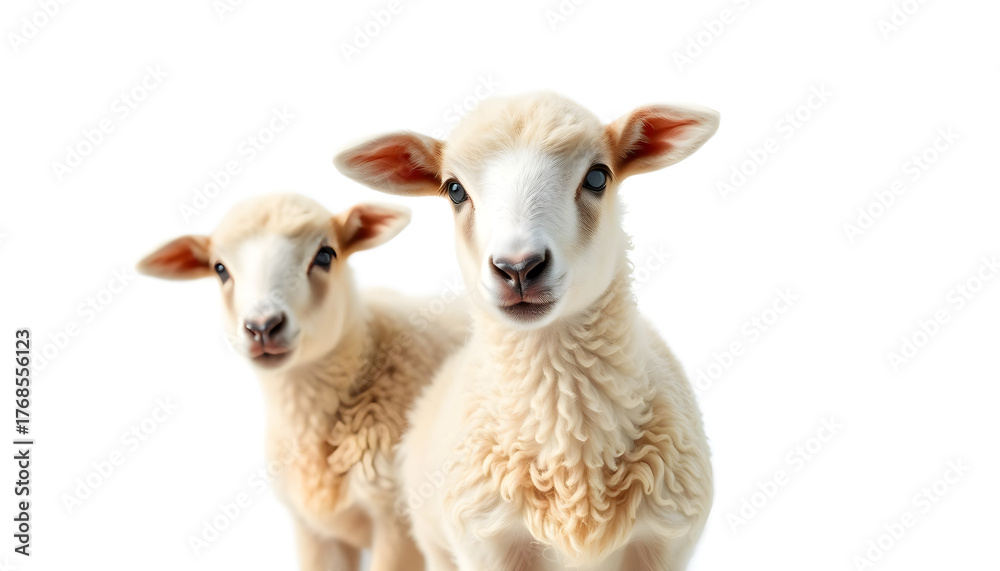 Fototapeta premium Cut out of young sheep isolated on white background looking at camera. No people. Copy space