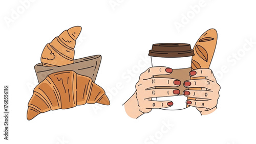 Wholesome illustration of a comforting coffee break featuring hands holding a warm drink with delectable croissants and rustic baguette