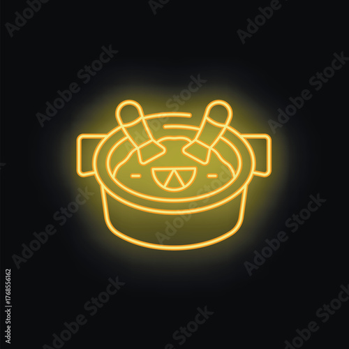Bright yellow neon sign of a cooking pot with shrimp and a lemon slice, ideal for use as a menu icon