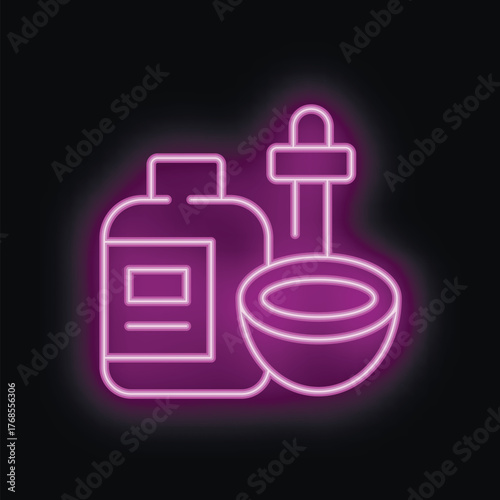 Glowing neon icon of coconut oil production process with bowl and bottle
