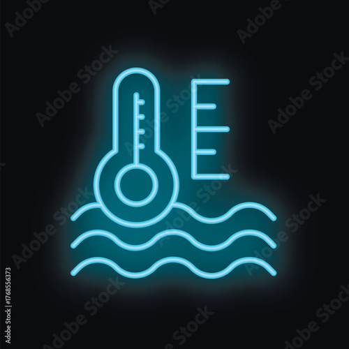 Blue neon icon of a thermometer measuring water temperature on a black background