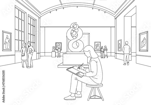 Artist sketching while sitting in museum gallery with sculptures 