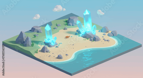 Enchanting isometric fantasy island with sparkling blue crystal formations, a lone fox on a sun-drenched beach, and tranquil turquoise sea, offering a magical world perspective