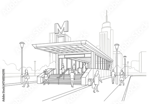Metro station entrance with commuters in urban city landscape  