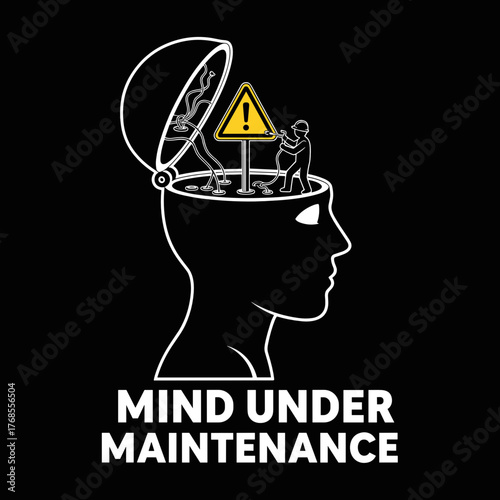 Brain with maintenance symbol and caution sign in conceptual illustration  