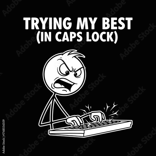 Stick figure typing angrily on keyboard with expression of frustration  