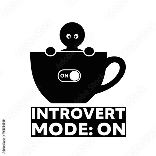 Cartoon character in coffee cup with switch labeled "ON"  