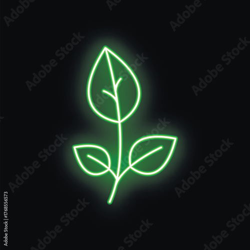 Green neon sign of a plant growing with leaves on a black background