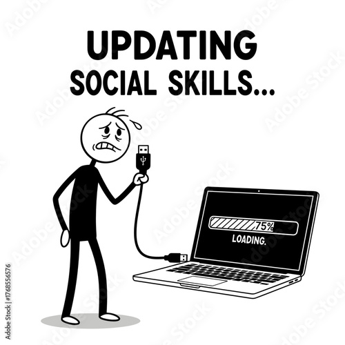 Stick figure character updating social skills while connecting to laptop  