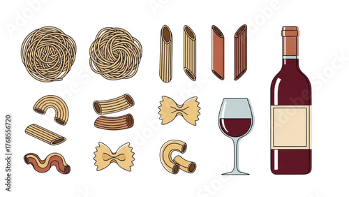 Assortment of different pasta shapes and red wine, ingredients for a traditional Italian meal